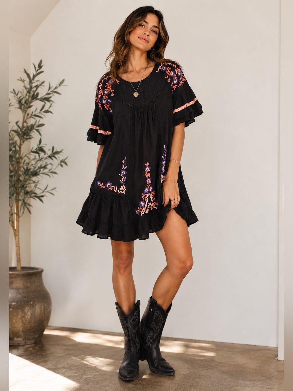 Free People Pavlo Embroidered Ruffle Mini Dress Black Boho Cottagecore XS